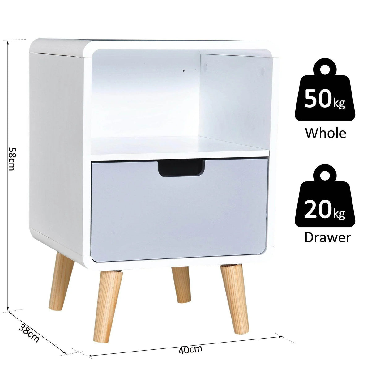 White nightstand with open shelf, drawer, and natural wood legs, front view