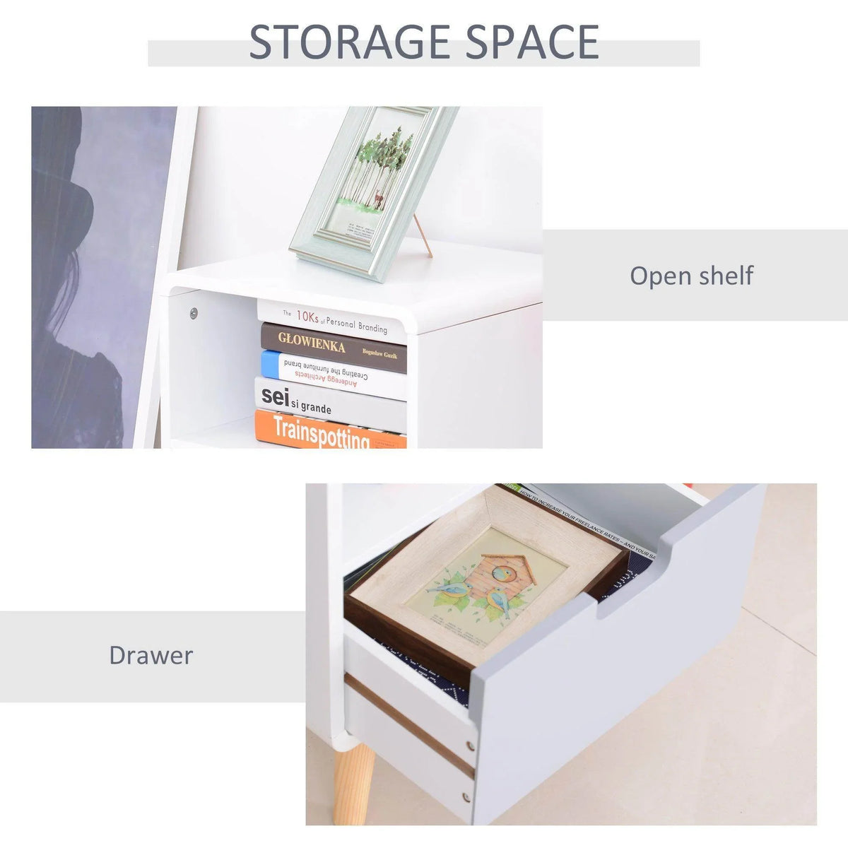 White bedside table with open drawer and open shelf, natural wood legs