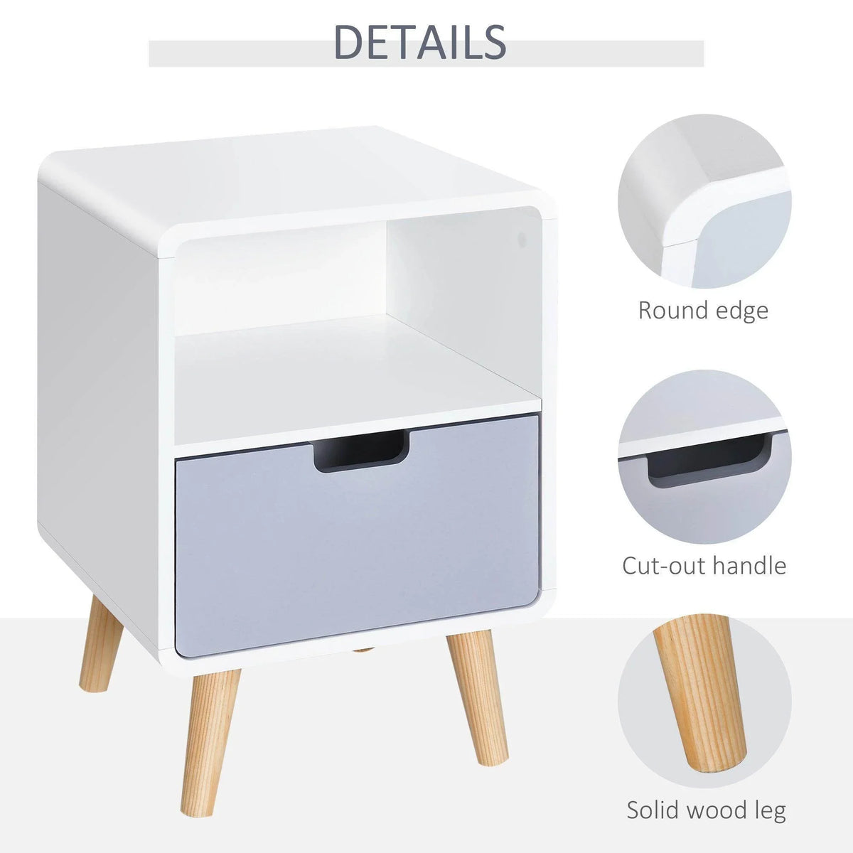 White bedside table with rounded edges, cut-out drawer handle, and wood legs