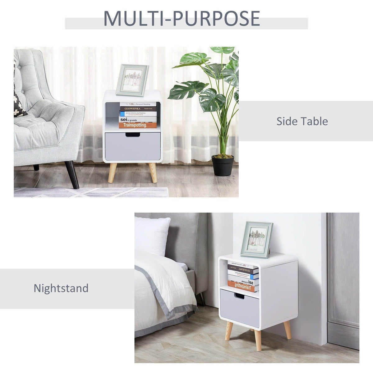 White bedside table with open shelf, drawer front, and natural wood legs