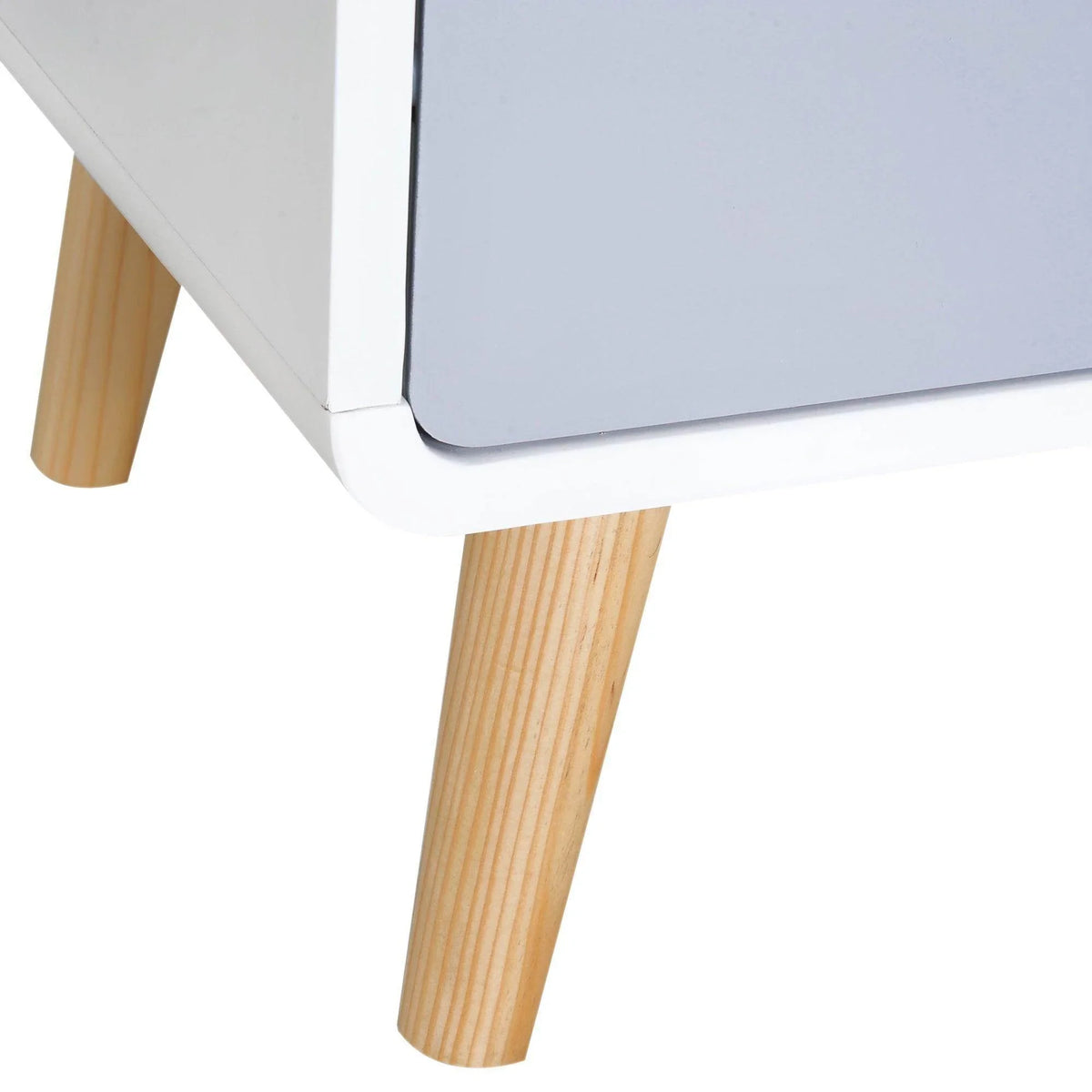 White bedside table with natural wood legs and curved bottom edge