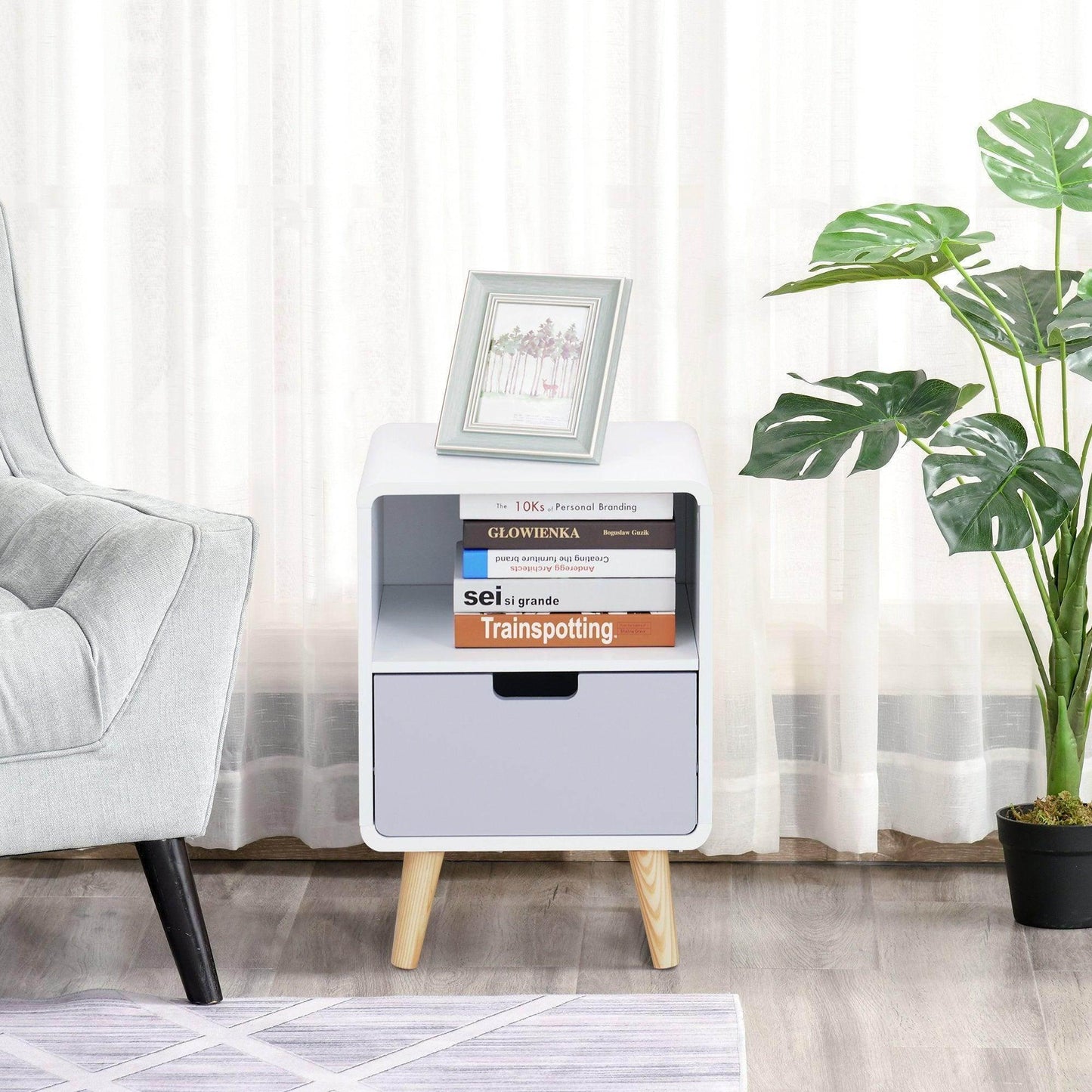 HOMCOM Scandinavian Bedside Table, 40cm - White/Grey/Natural - ALL4U RETAILER LTD