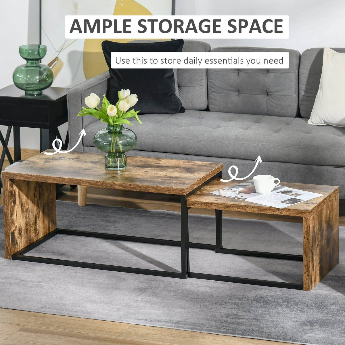 Industrial coffee table with rustic brown wood top, black metal frame, and open lower shelf