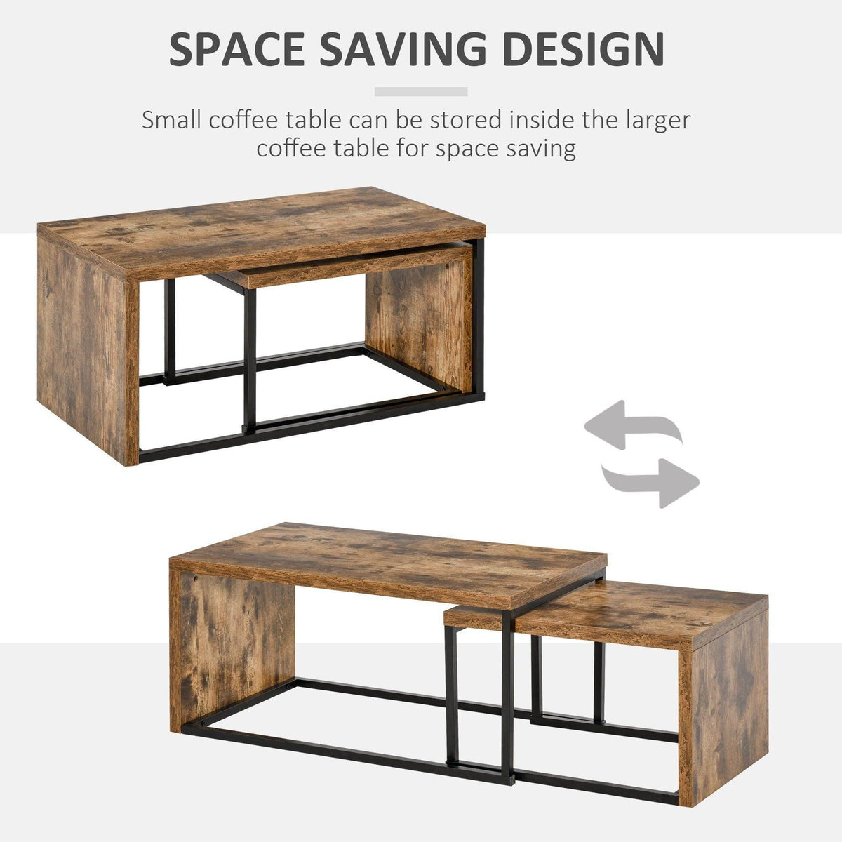 Nesting coffee tables that store together, distressed wood top and black metal frame