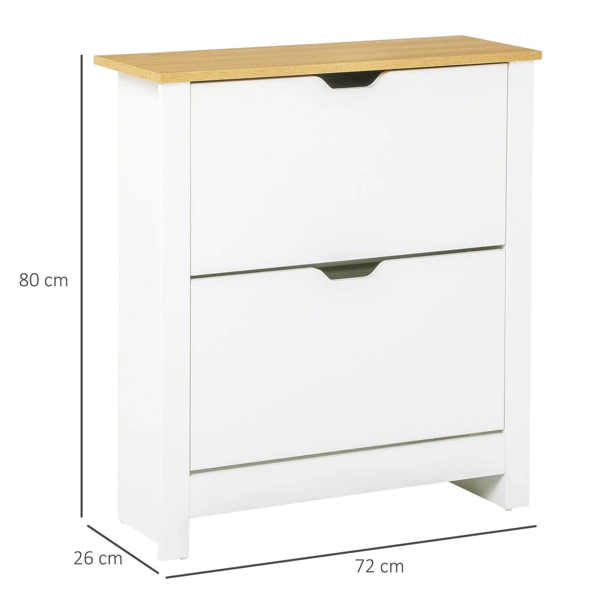 White shoe cabinet side view with light wood top and two drawers, clean frame.