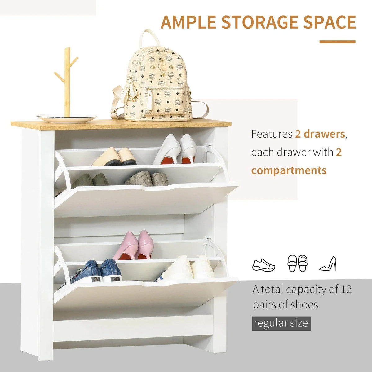 Open white shoe cabinet interior with two drawer compartments and multiple shoe shelves.