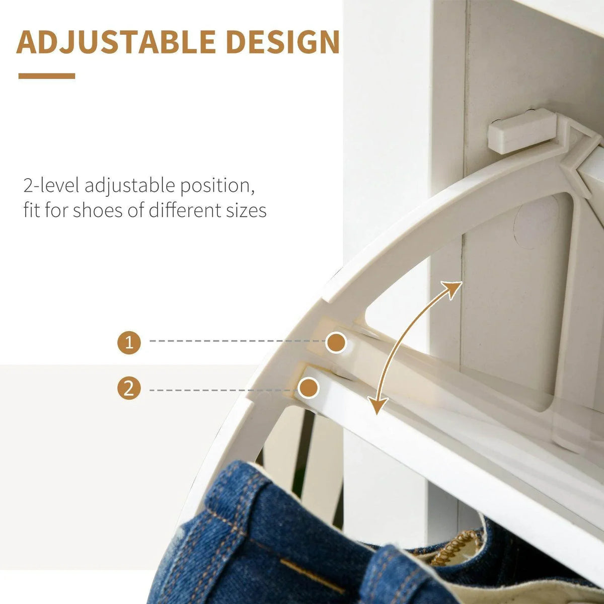 Adjustable interior shelf in a white shoe cabinet with curved support panel.