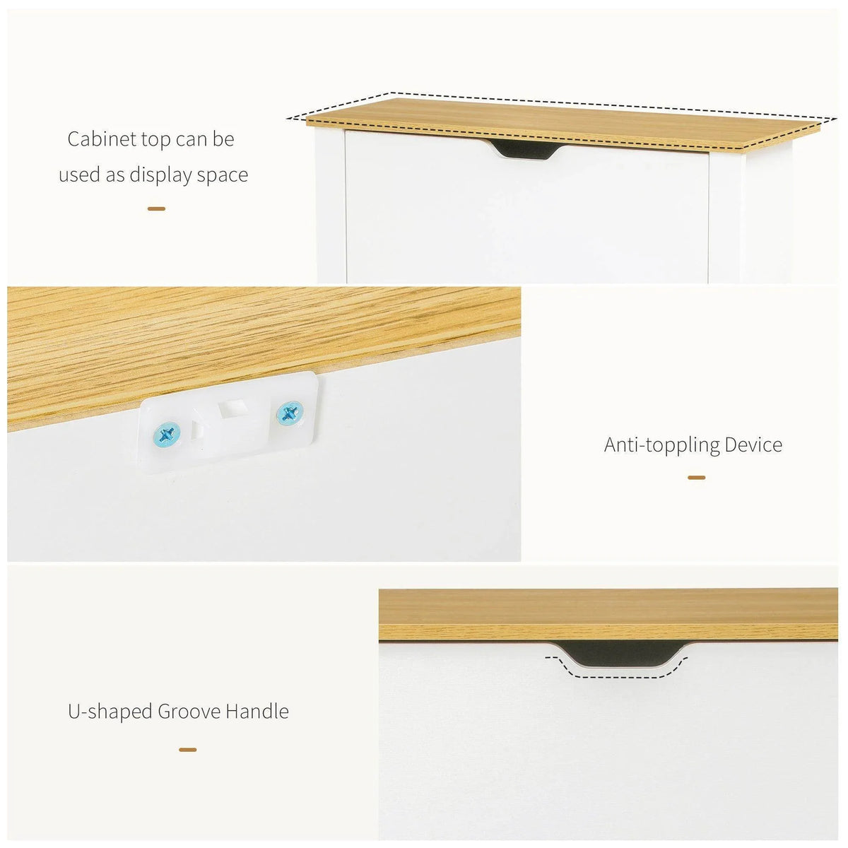 White shoe cabinet with light wood top, U-shaped groove handle, and anti-tipping device.