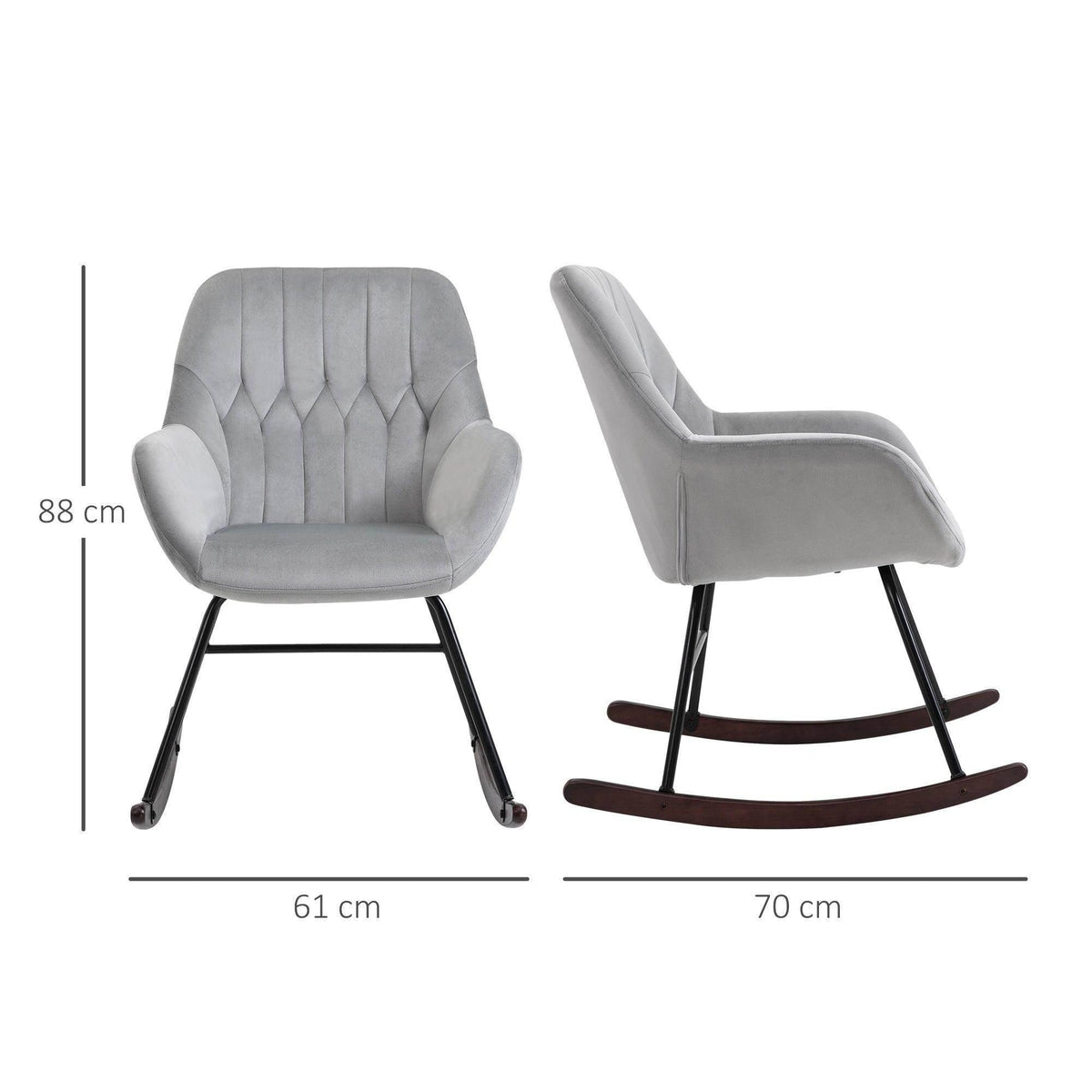 Light grey upholstered rocking chair with tufted back and curved brown rockers, black frame