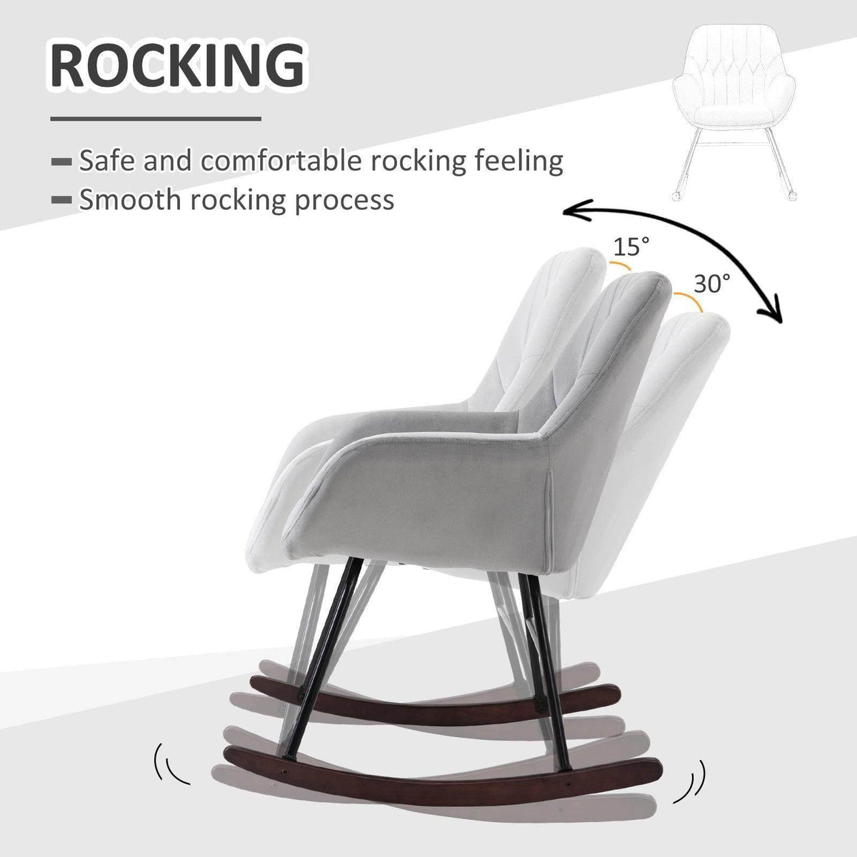 Grey padded rocking chair with curved dark base and armrests; side view.