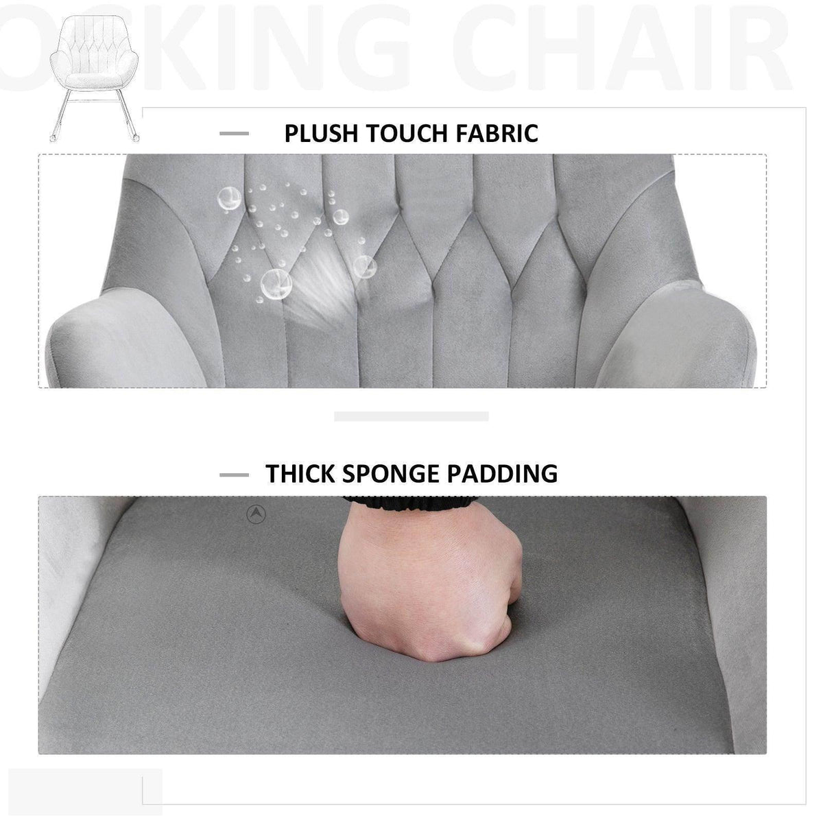 Grey tufted rocking chair with plush fabric look and thick padded seat.