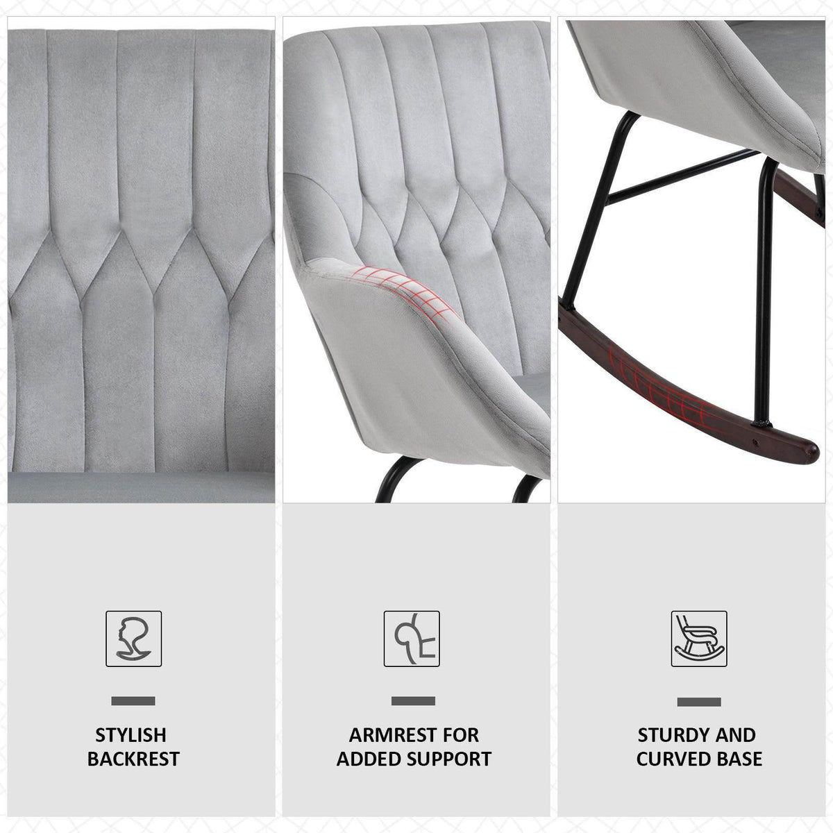Light grey upholstered armrest and tufted back detail, black metal frame, curved brown rocker