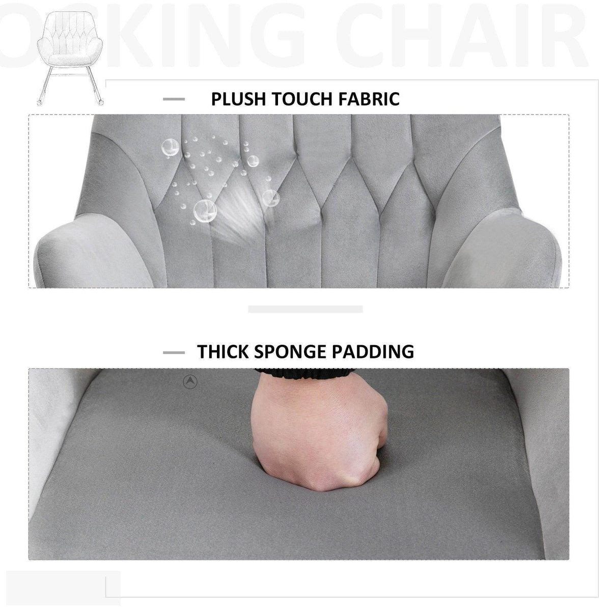 Light grey upholstered rocking chair back and thick sponge-padded seat, black frame