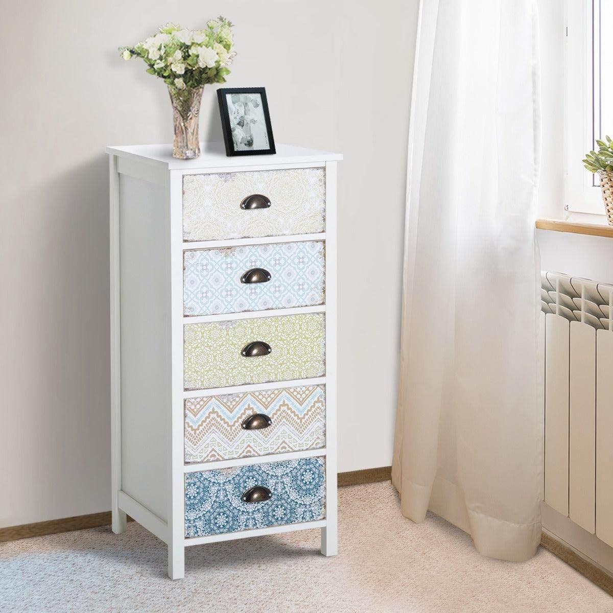 White storage cabinet with five patterned drawers and bronze curved handles