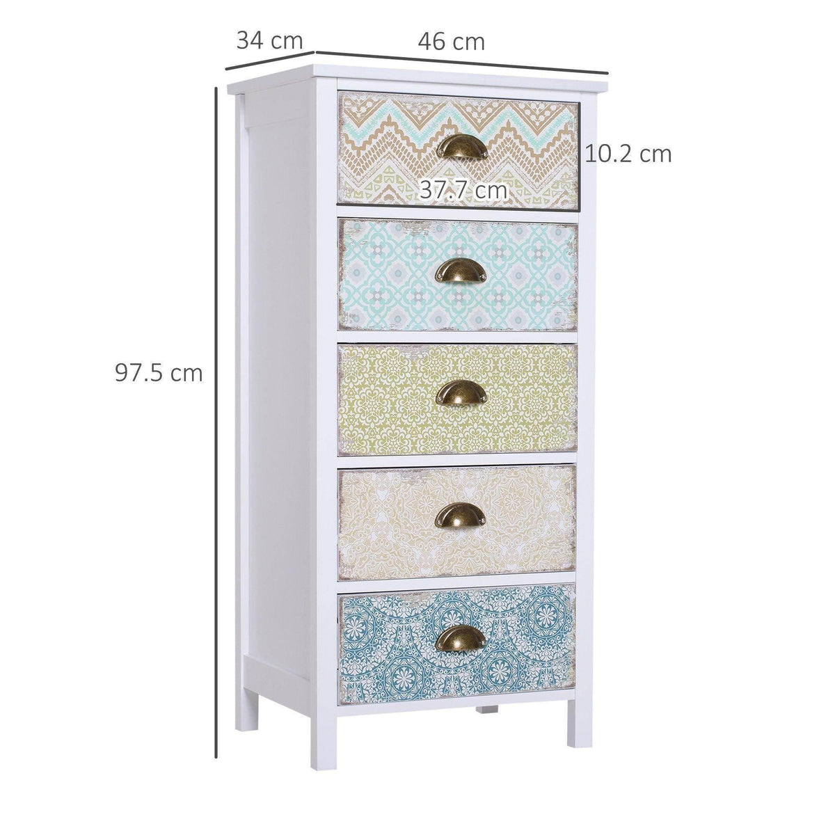 White compact drawer storage cabinet with patterned fronts and bronze handles