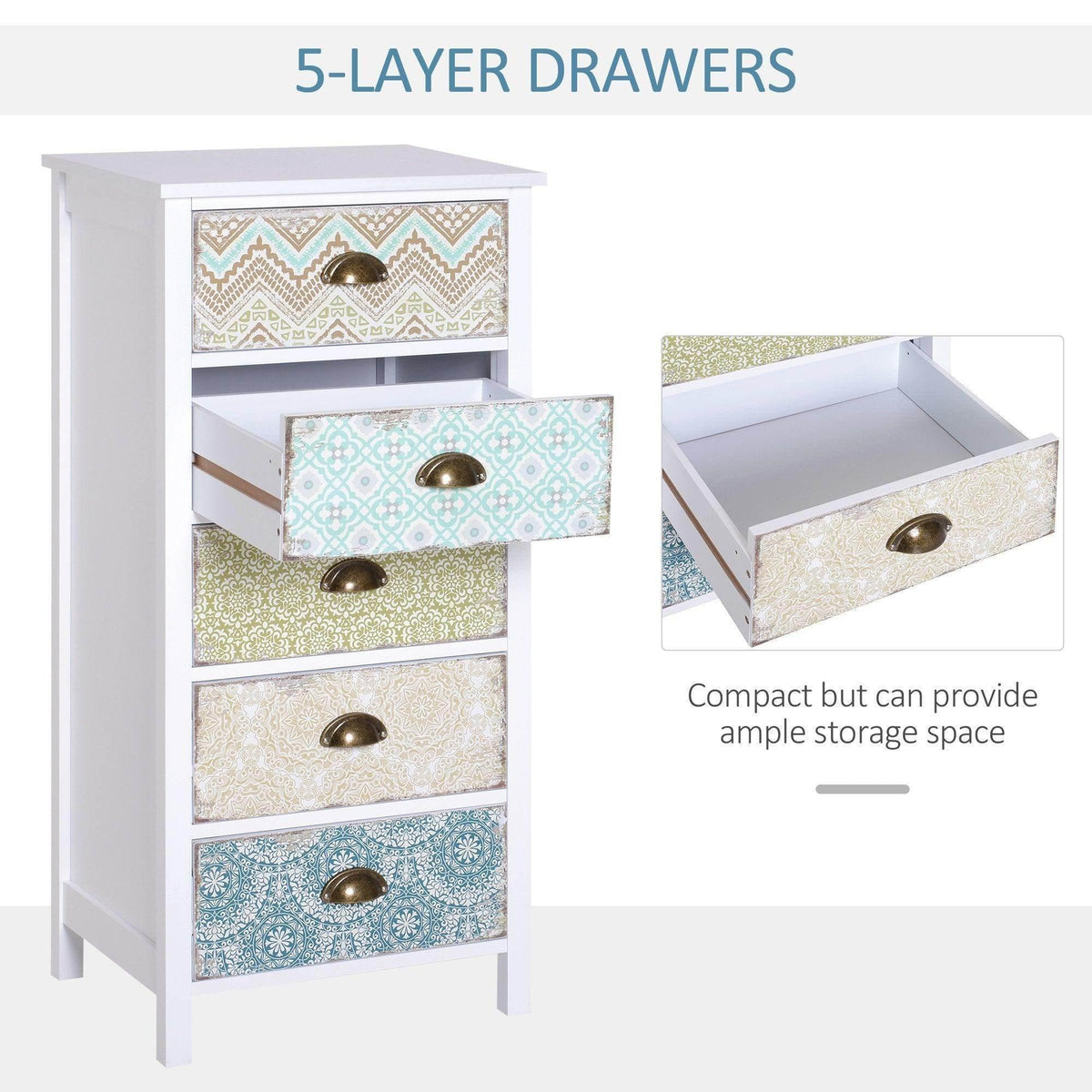 White storage cabinet featuring five tier drawers with patterned fronts and bronze handles