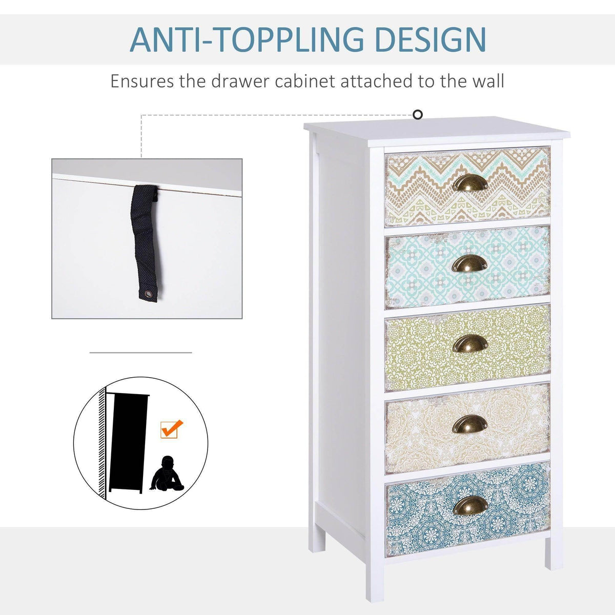 White storage cabinet with patterned drawer fronts and bronze handle pulls