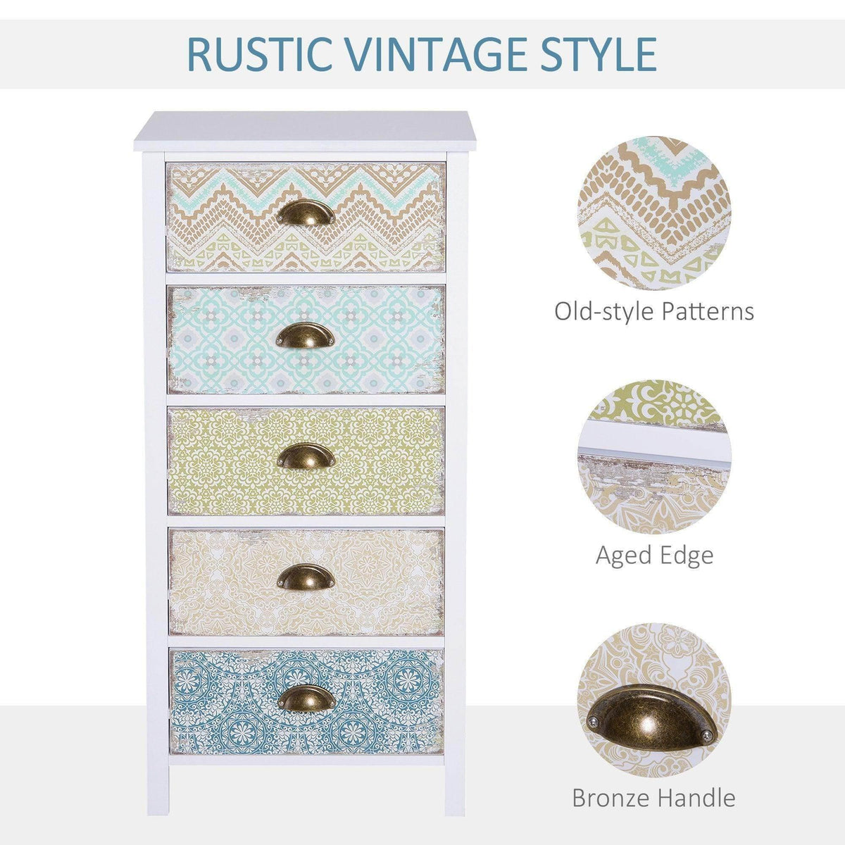 White storage cabinet with patterned drawers and bronze drawer pulls