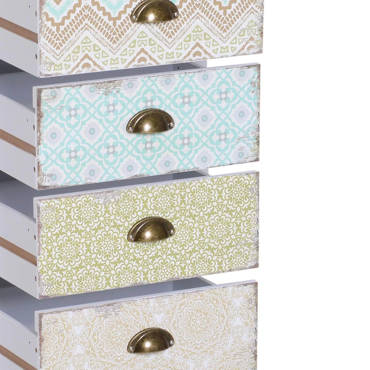 Close-up of patterned drawer fronts with bronze handles on a white storage cabinet