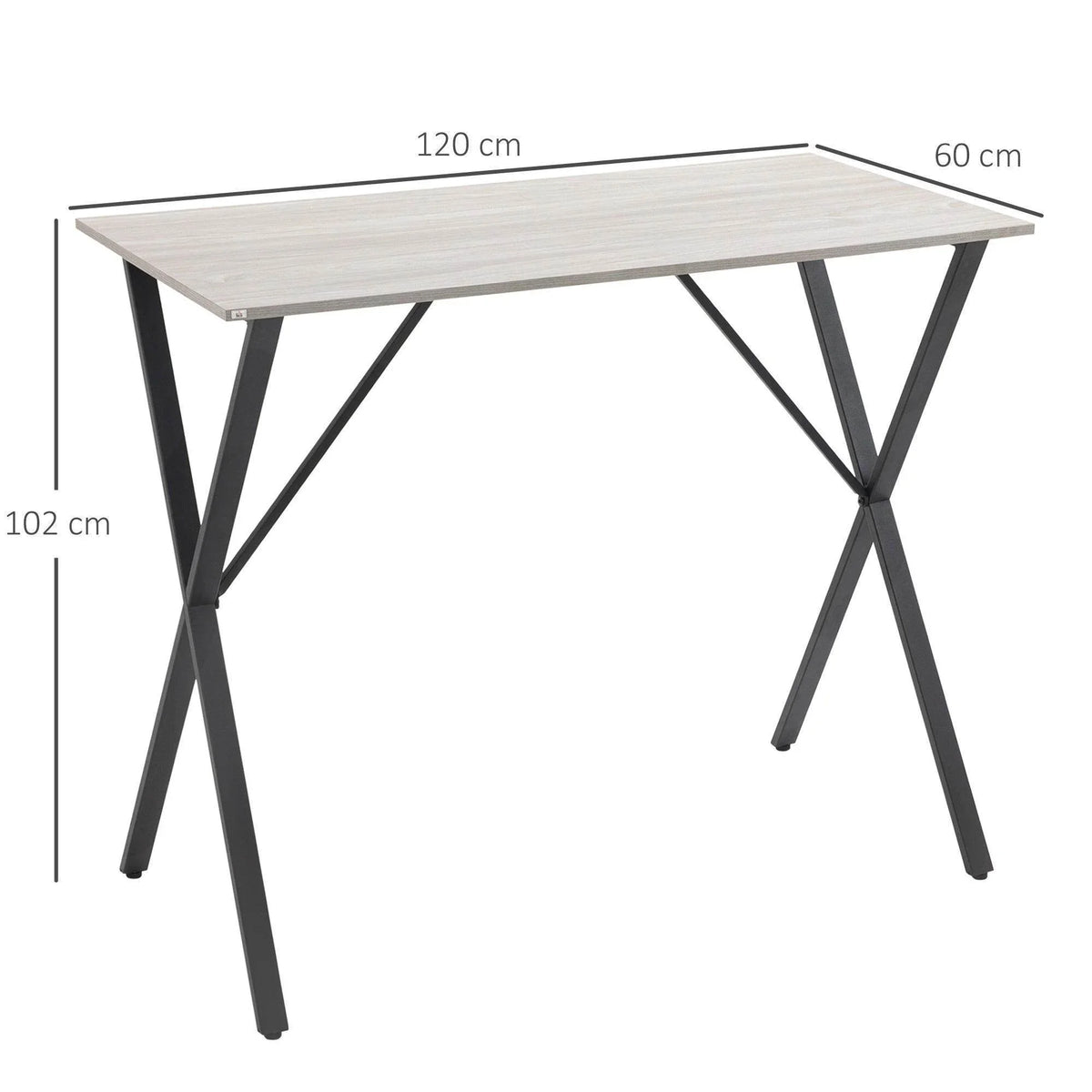 Rectangular bar table with light wood-look top and dark steel X-cross legs