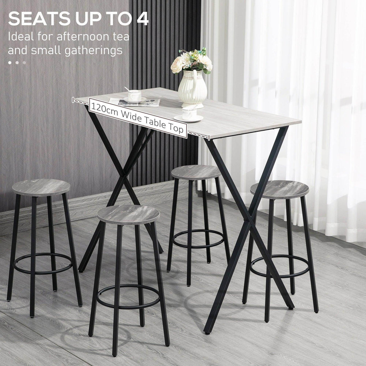 Bar table with wide tabletop, X-frame legs, and four round backless stools