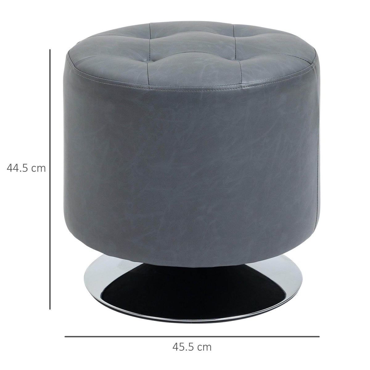 Gray round ottoman footstool with cushioned top and rotating black base
