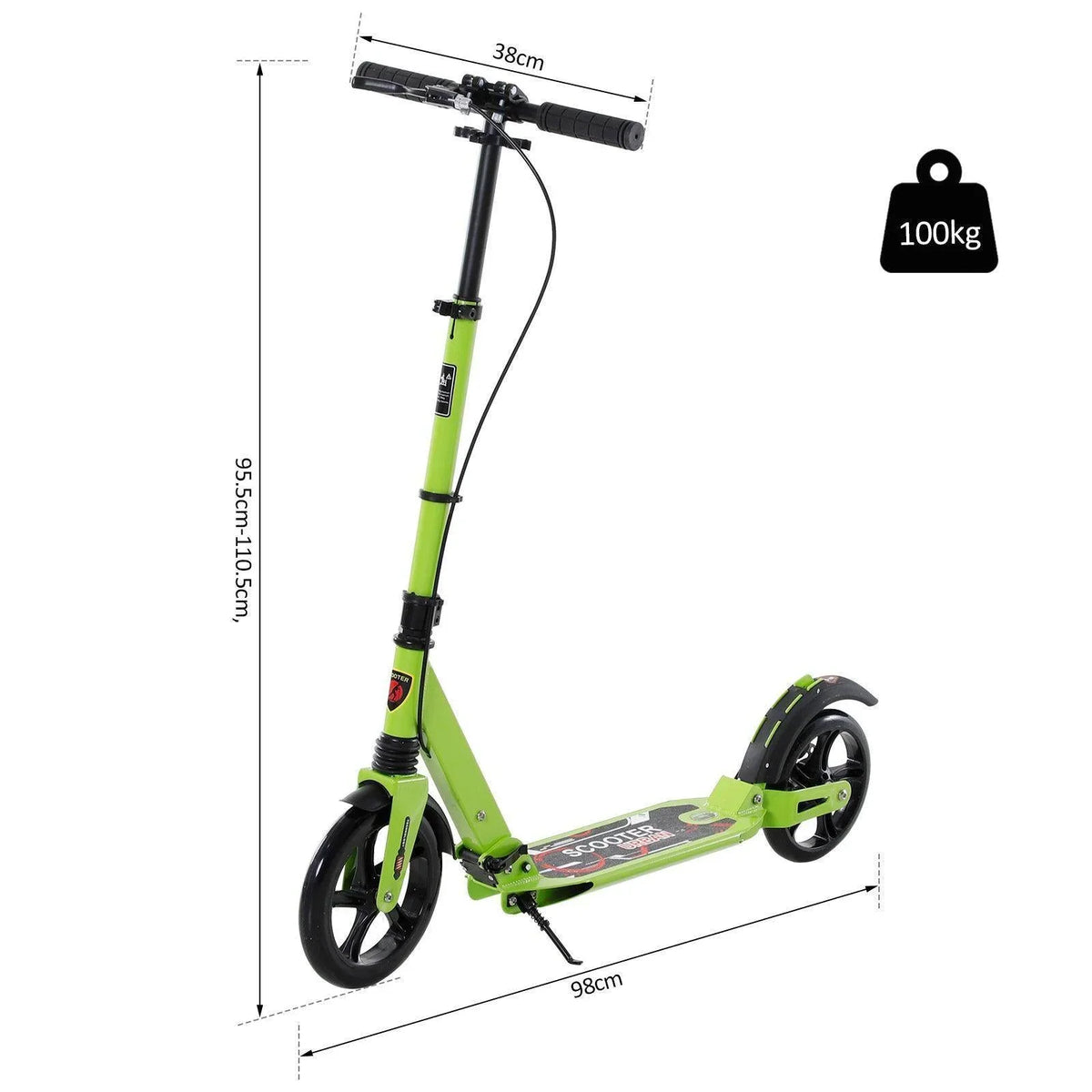 HOMCOM teens kick scooter, lime green frame with black front wheel and kick deck