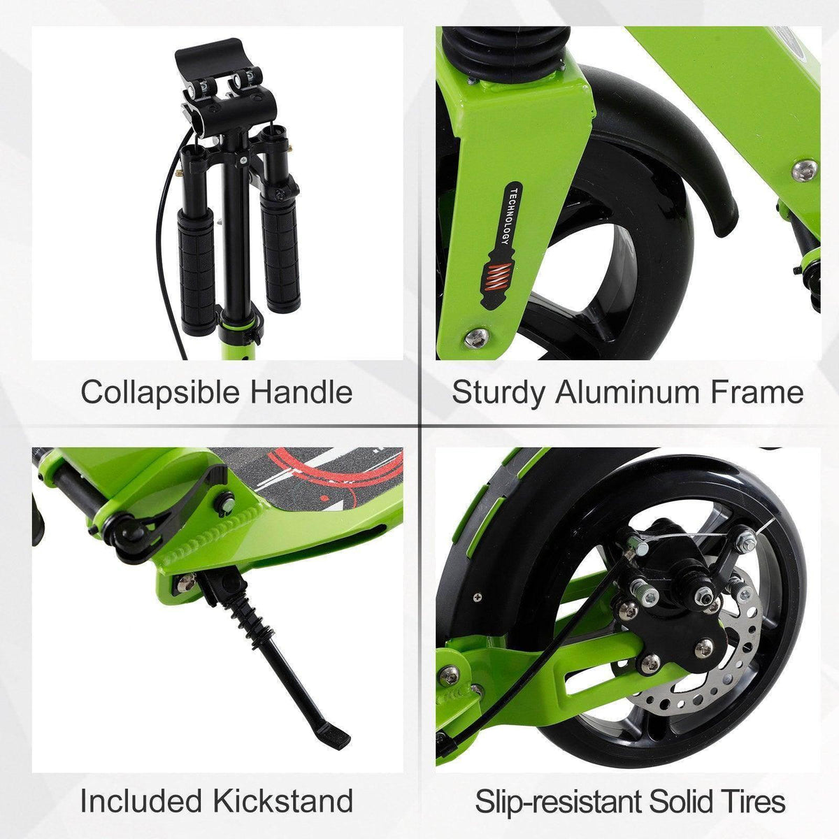 HOMCOM teens kick scooter details: foldable handle, kickstand, solid tires, aluminum frame