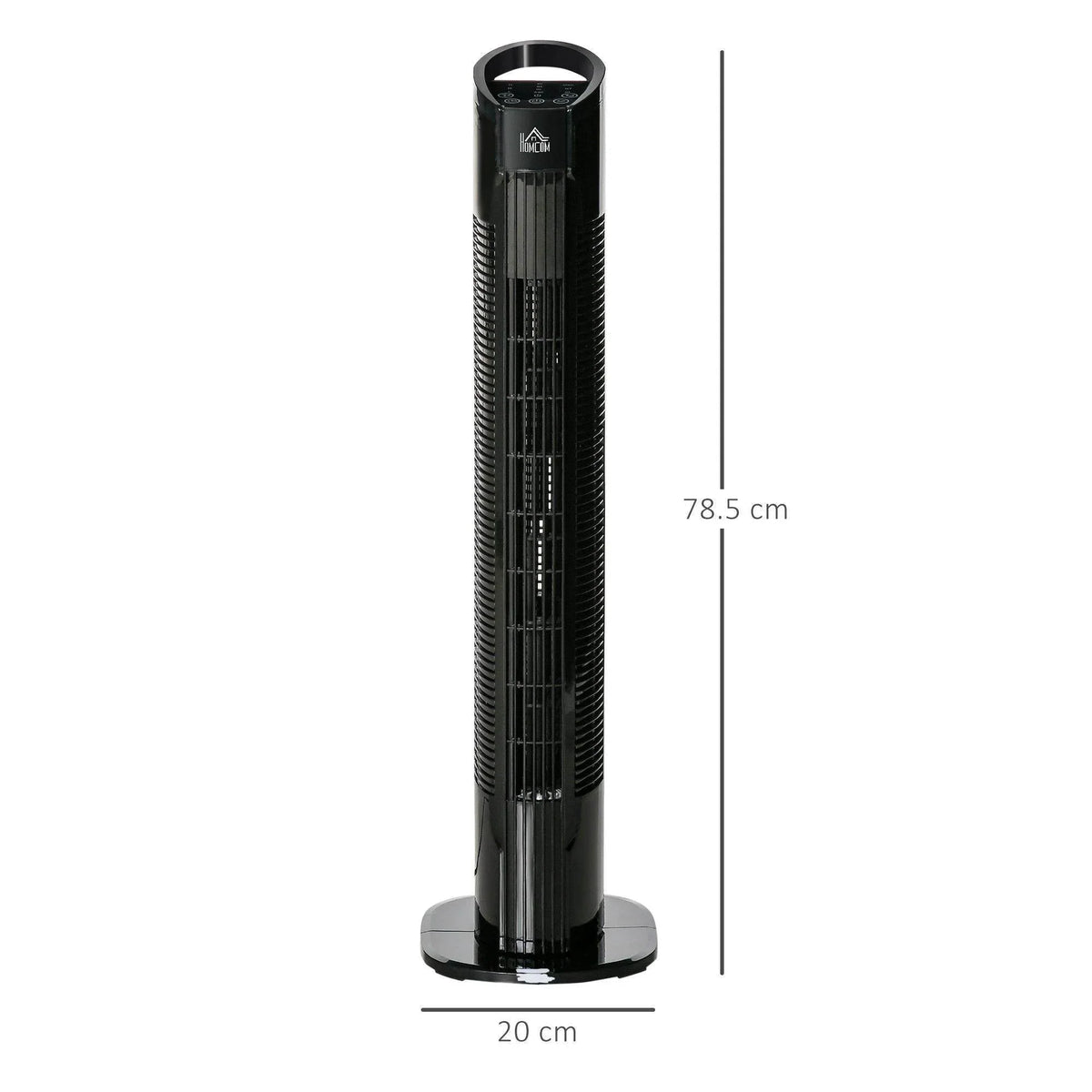 Black tower fan with circular base, shown front view with height and width.