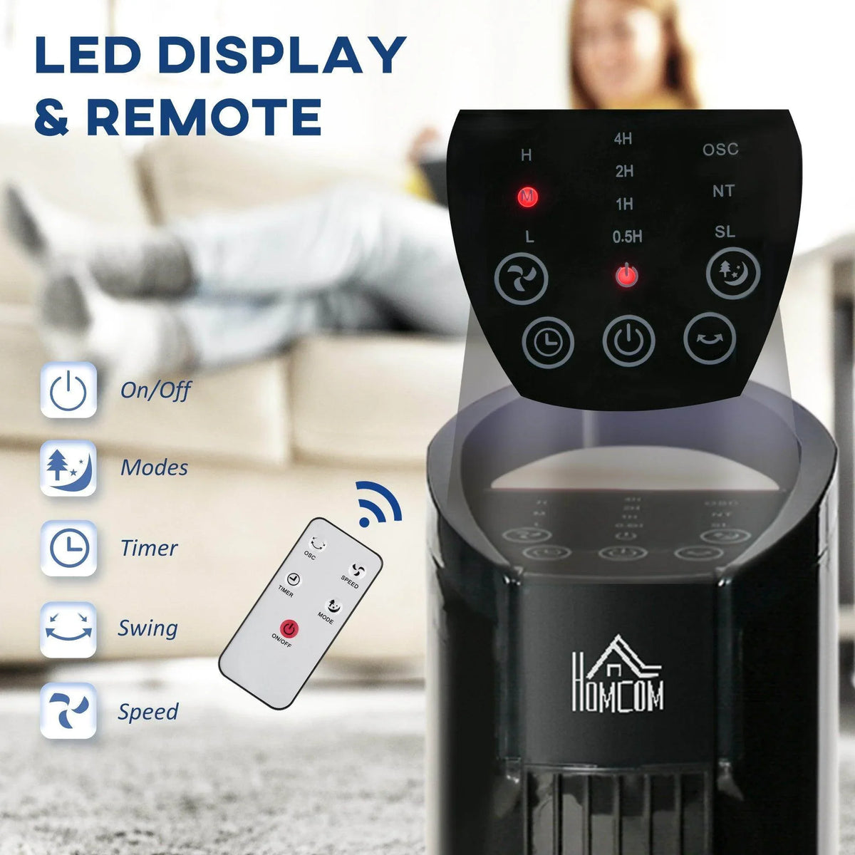 Black tower fan with LED control panel and included remote for settings.