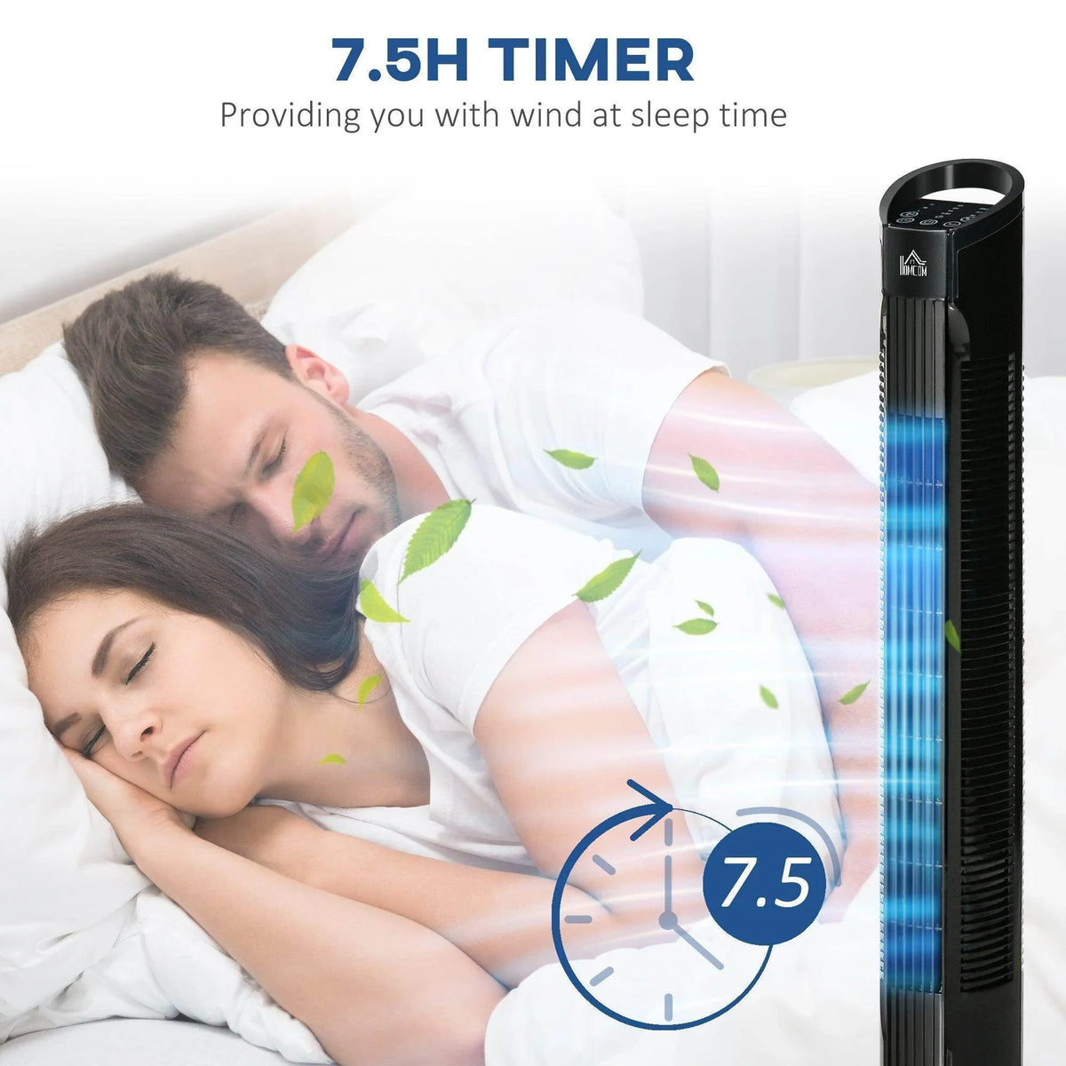Black tower fan beside a bed with 7.5-hour timer sleep airflow graphic.