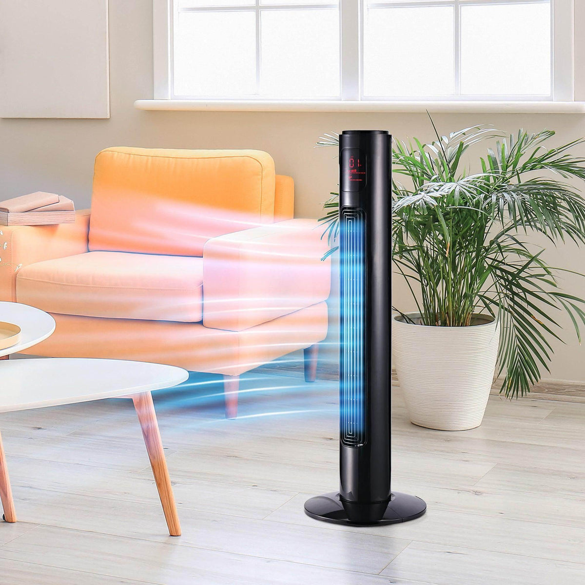 Black tower fan with slim vertical body and round base