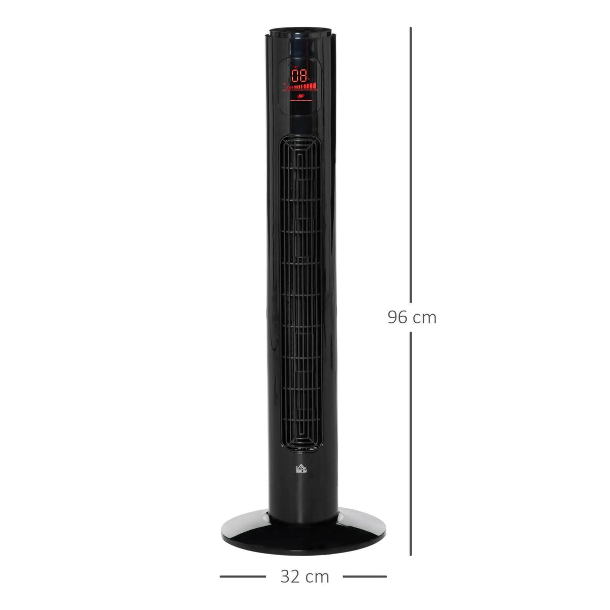 Tall black tower fan with round base, 32 cm width and 96 cm height