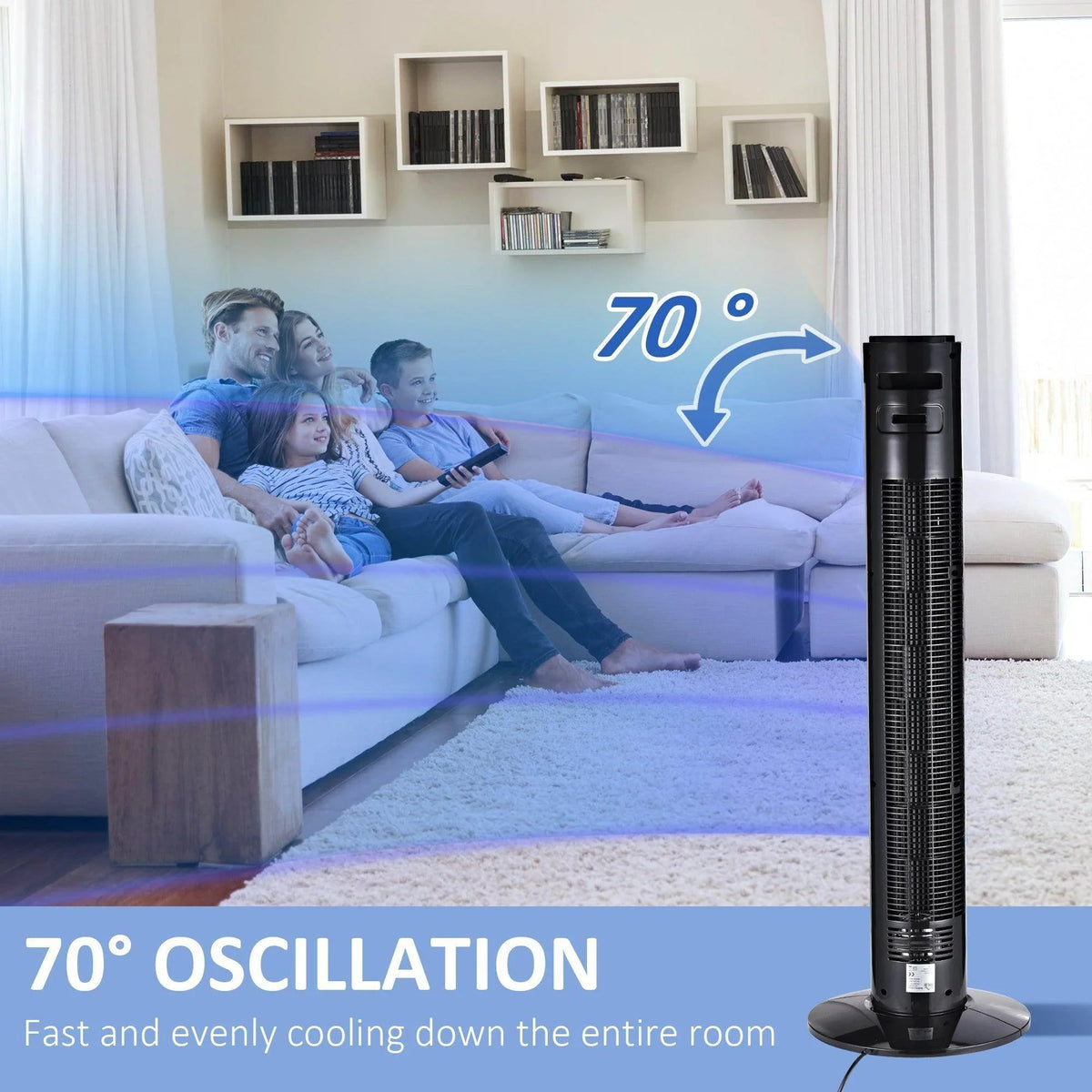 Black tower fan with oscillating airflow direction shown above the grille