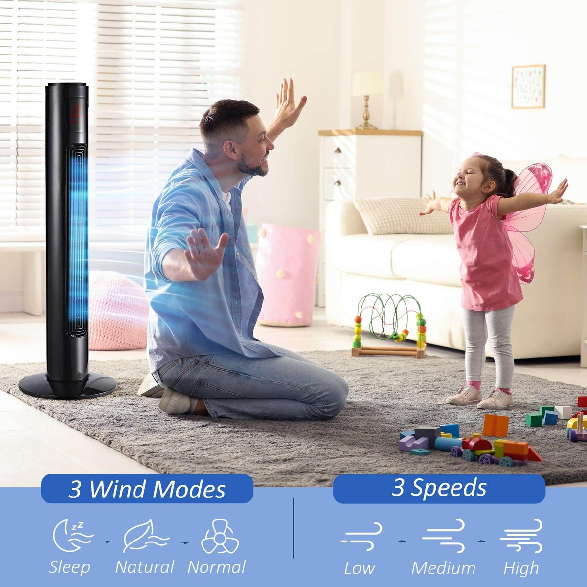 Black tower fan standing on floor with vertical air vent grille
