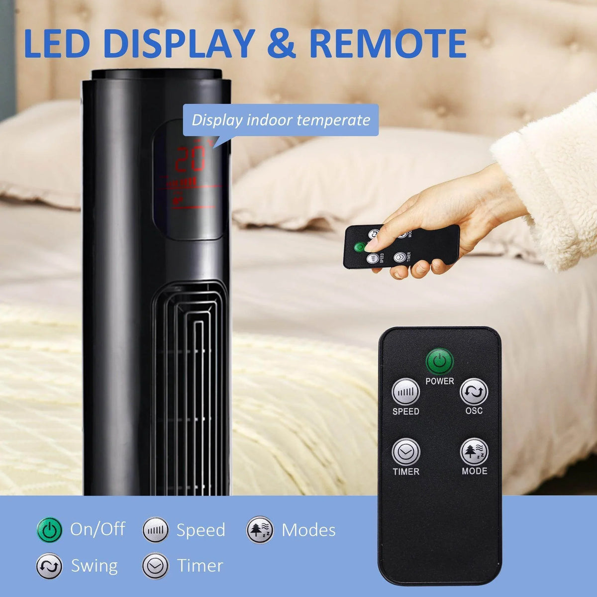 Black tower fan with LED display window and included remote control