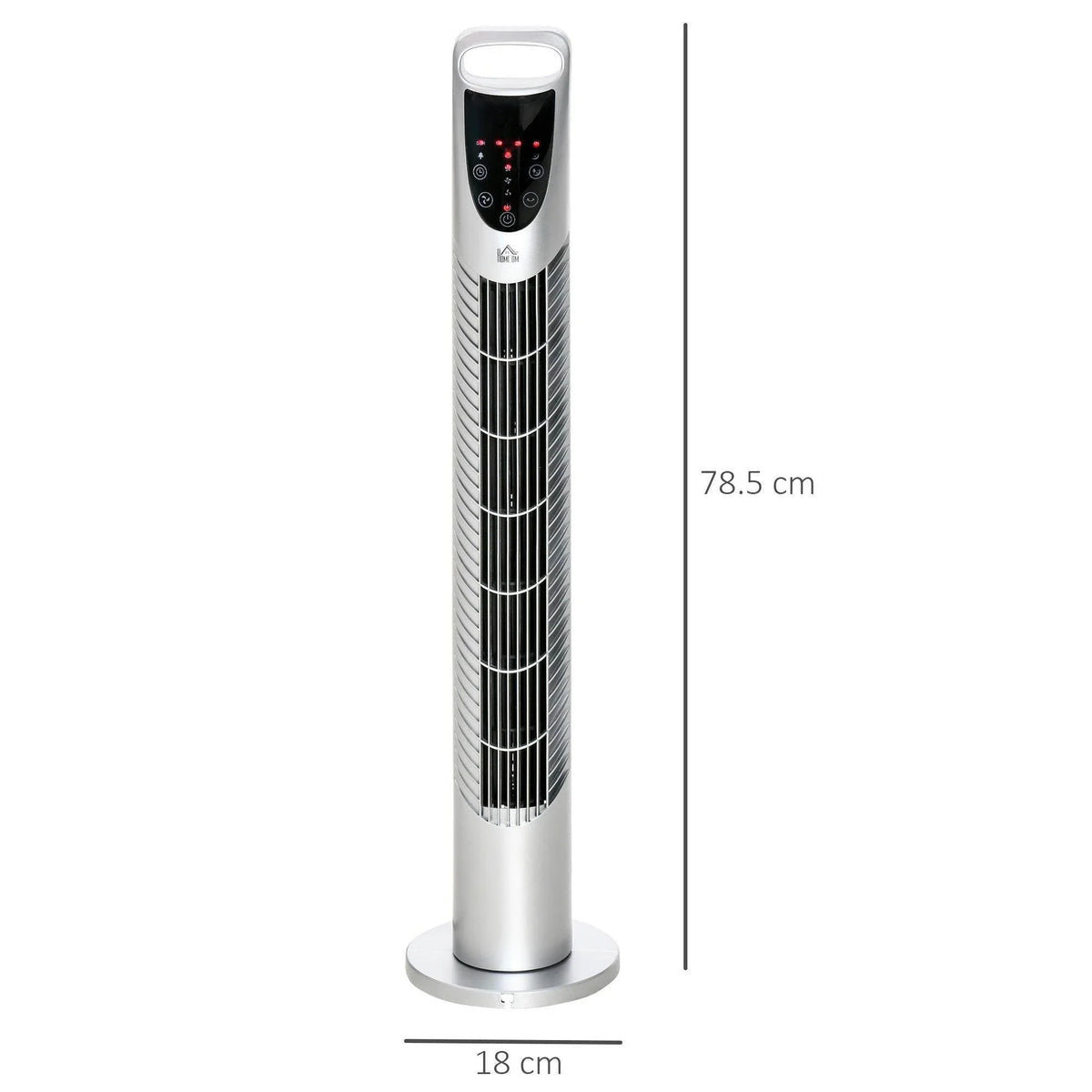 Slim tower fan with white body and black air inlet grille; size diagram shown