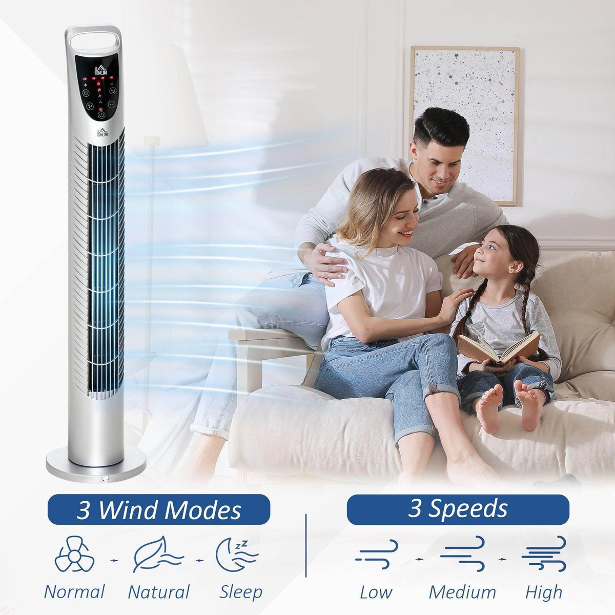 White tower fan beside a sofa with three wind mode and speed icons