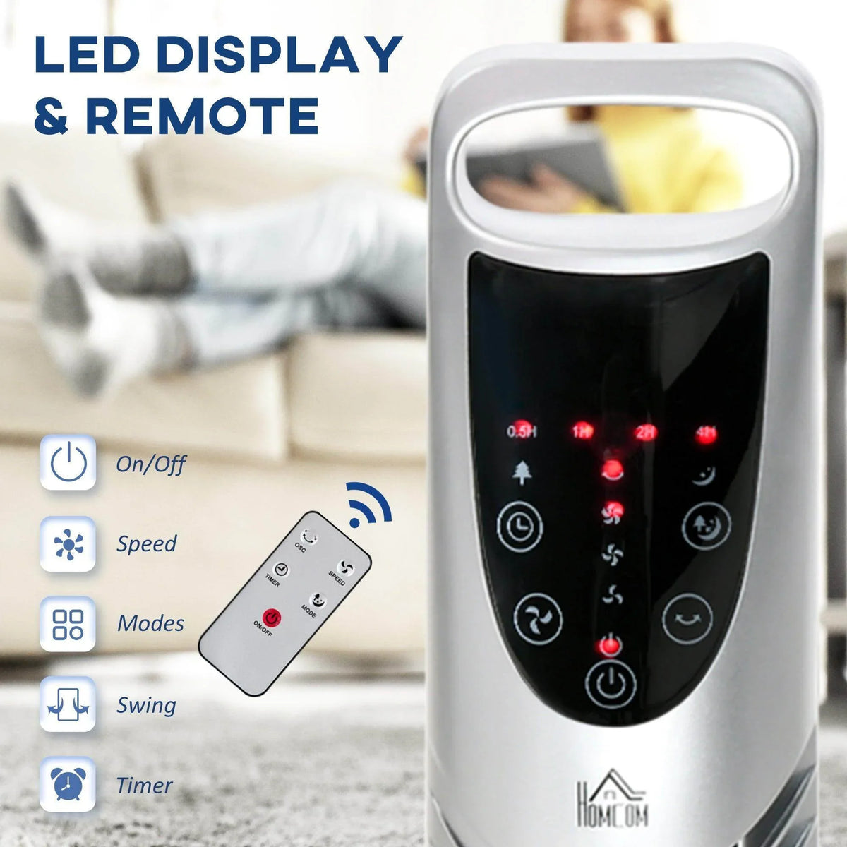 White tower fan with LED display and included remote control