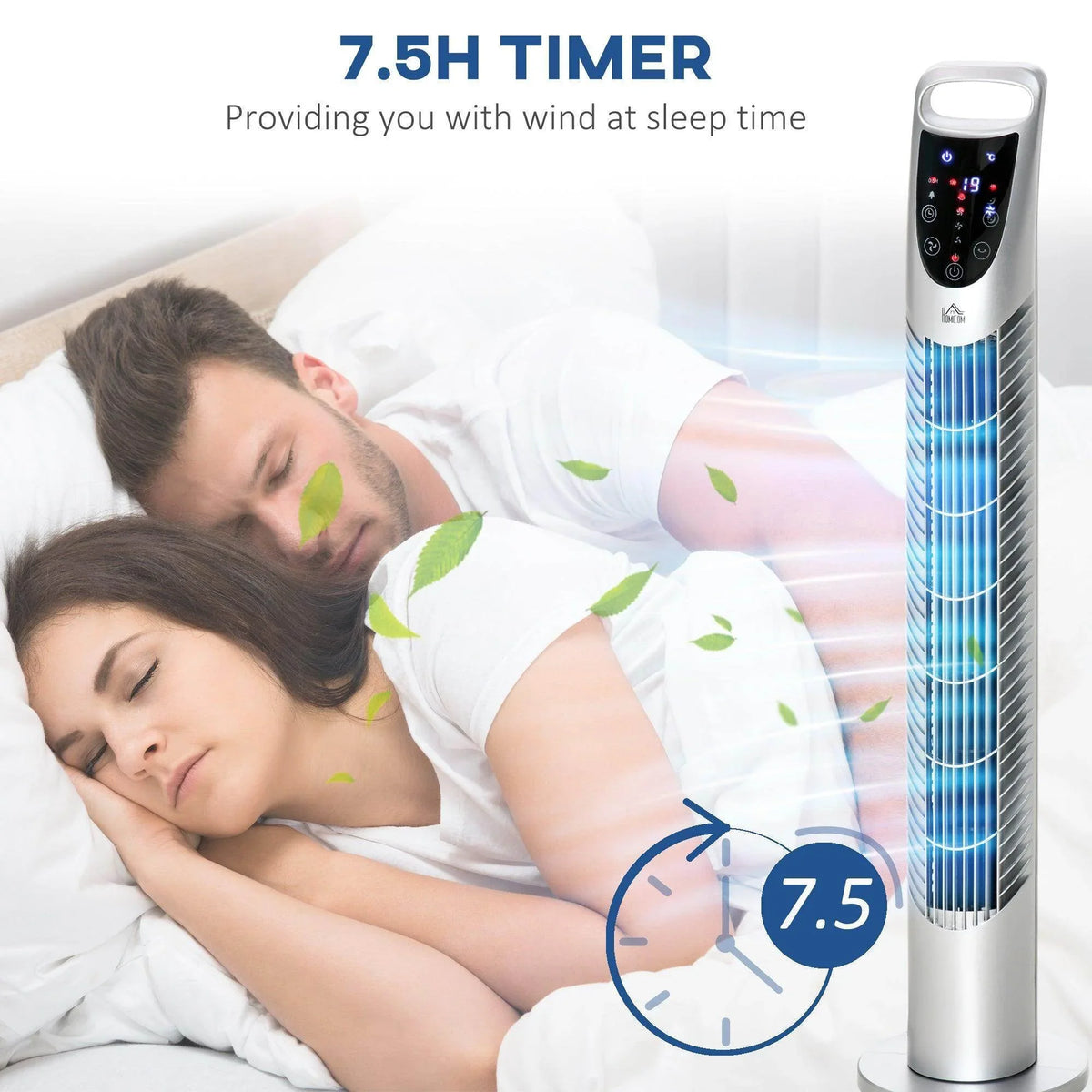 White tower fan with timer feature, shown next to a sleeping couple