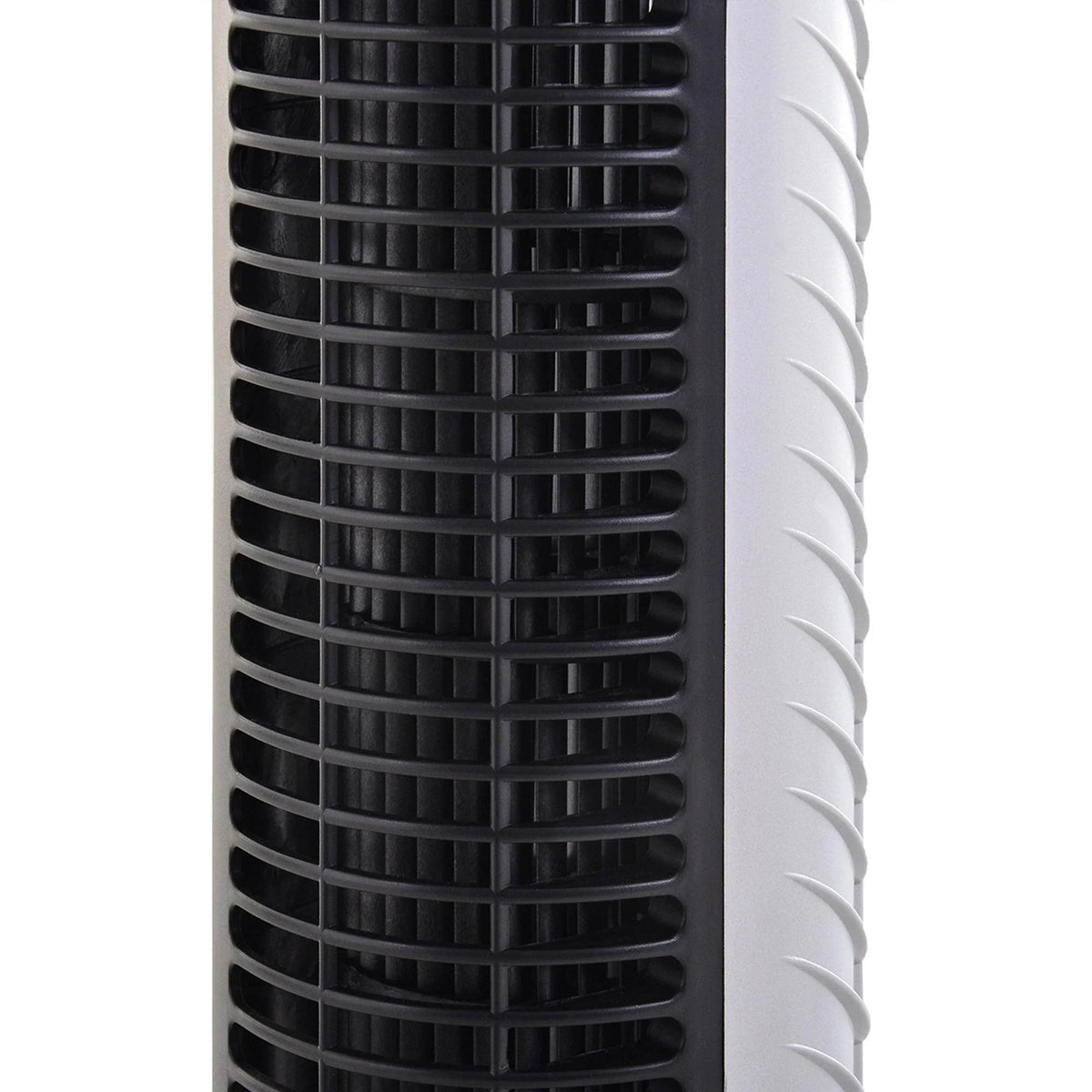 Close-up of tower fan front grille with vertical airflow slots