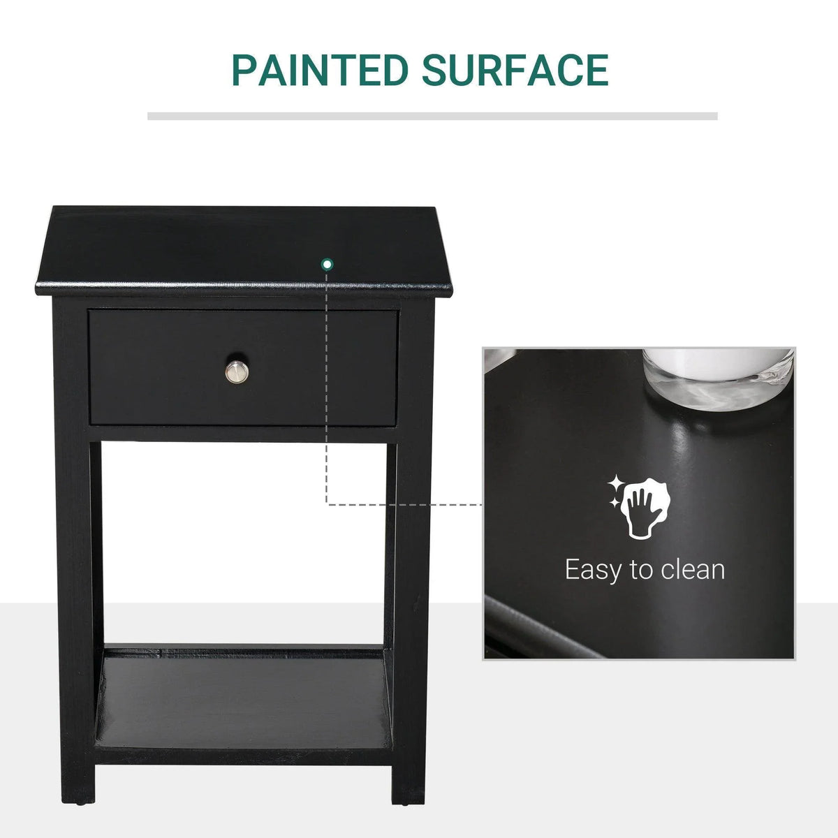 Black end table with painted tabletop, drawer with round knob, and open shelf