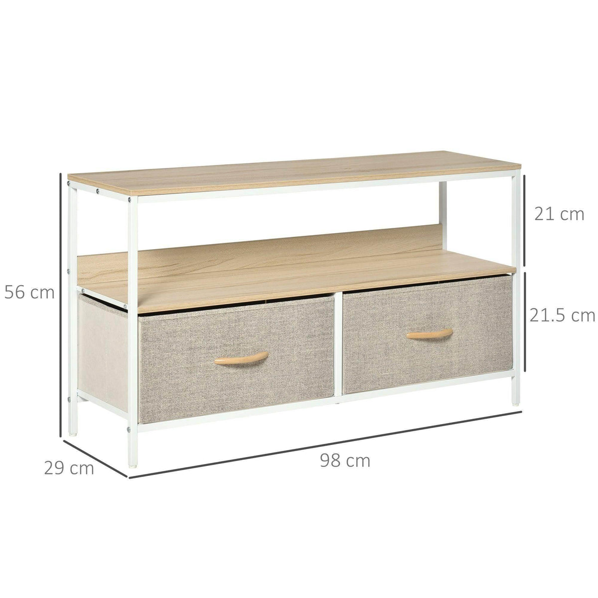 TV stand with light wood tabletop, open shelf, and two gray fabric drawers