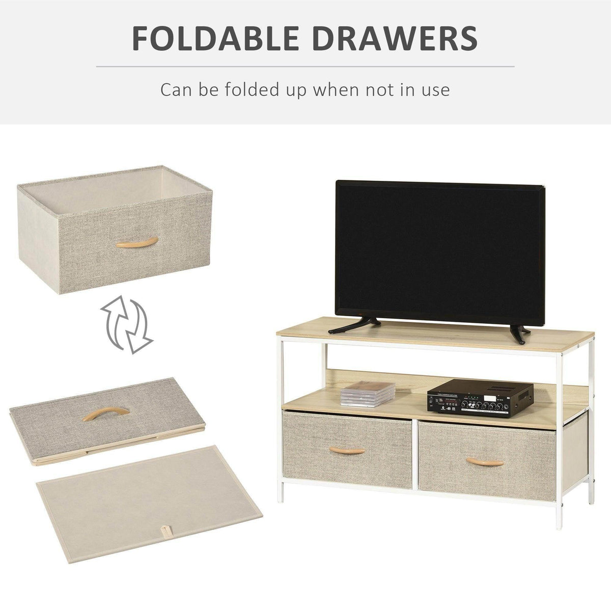 TV stand with folding gray fabric drawers and open shelves; light wood frame