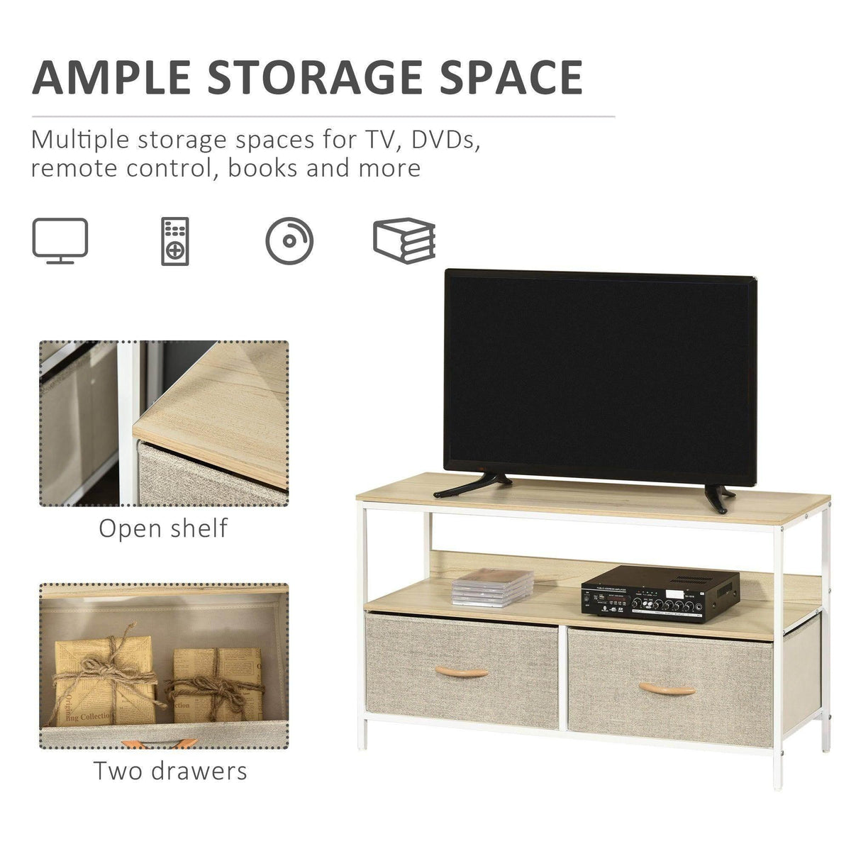 TV stand with open shelves and two gray fabric drawers; light wood frame