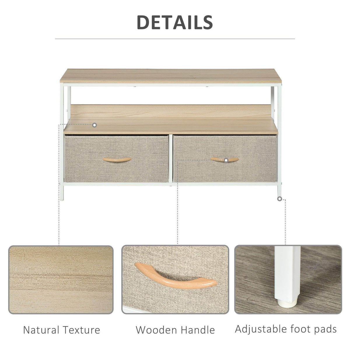 TV stand front with two gray fabric drawers, wood top, and open middle shelf