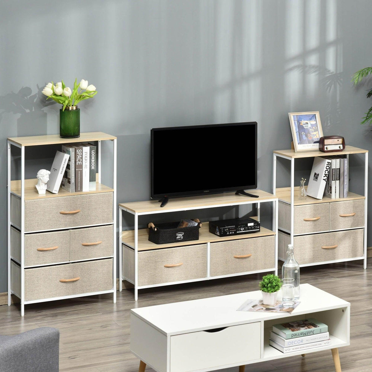 TV stand with black TV top, open shelves, and multiple gray fabric drawers