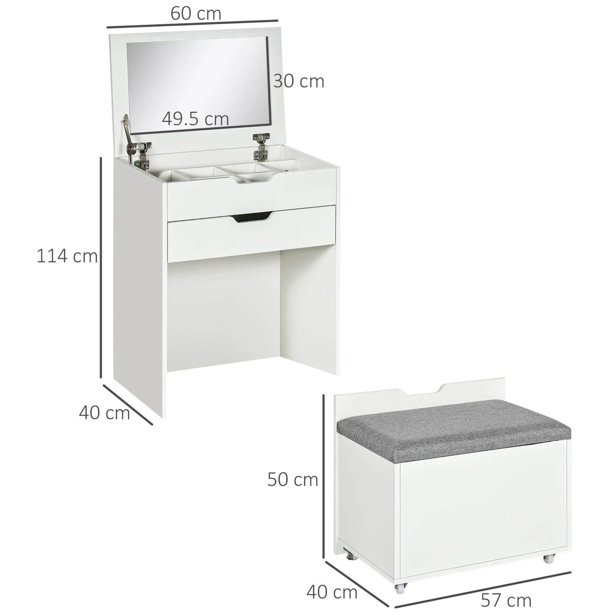 White vanity table with open mirror and side cabinet storage, plus gray seat