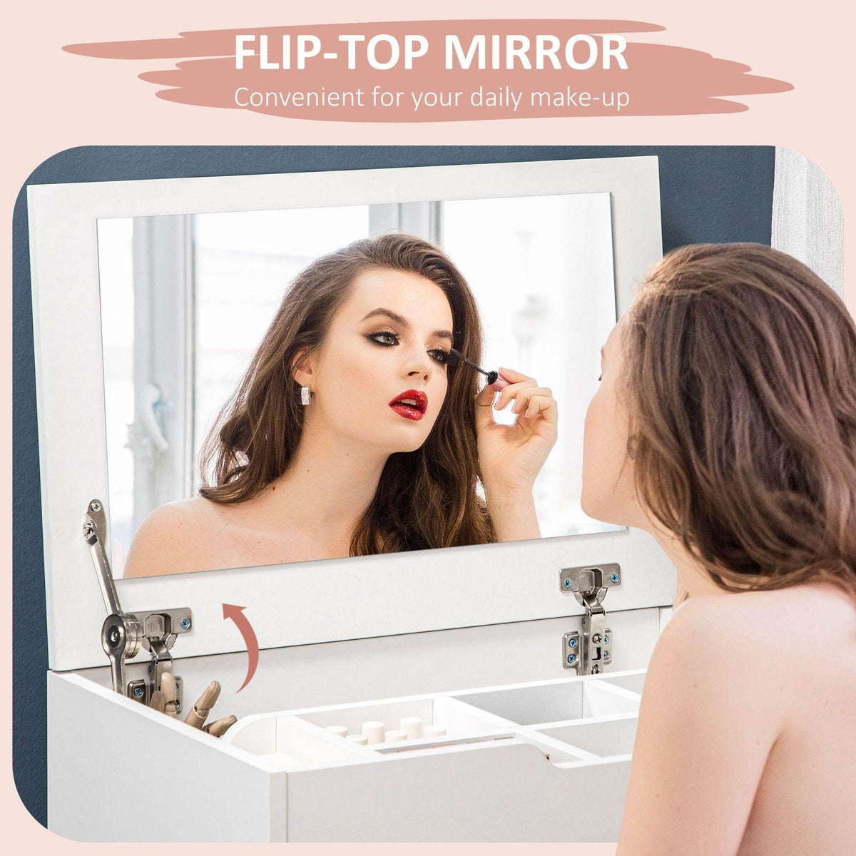 White vanity table with raised flip-top mirror and visible inner storage