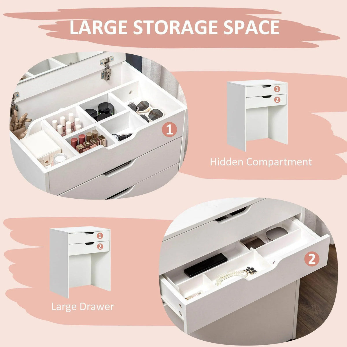 White vanity table with large drawer and hidden compartment for small items